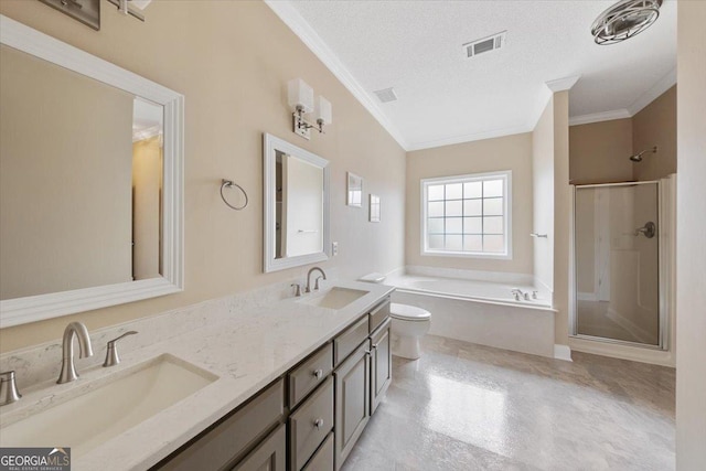 full bathroom with plus walk in shower, a textured ceiling, toilet, and crown molding