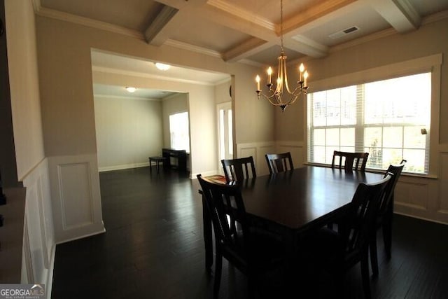 dining space featuring dark wood-type flooring, coffered ceiling, ornamental molding, beamed ceiling, and a chandelier