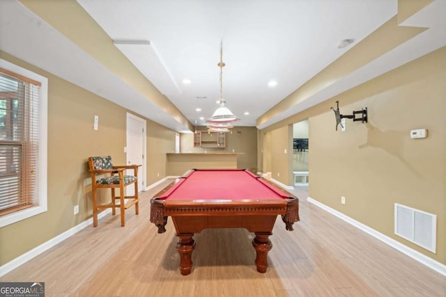 game room with light wood-type flooring and billiards