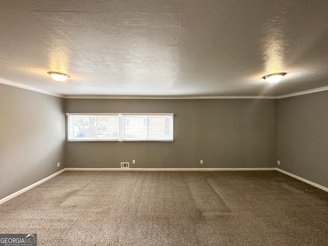 spare room with carpet, crown molding, and a textured ceiling