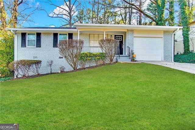 single story home with a front yard and a garage