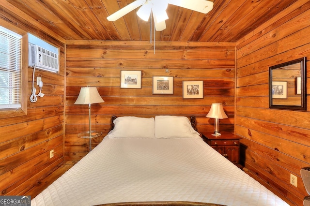 bedroom featuring wooden walls, ceiling fan, wooden ceiling, and a wall mounted air conditioner