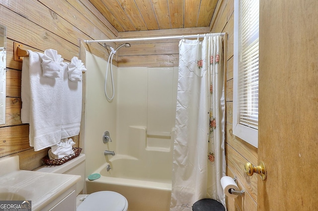 bathroom featuring wood walls, shower / bath combination with curtain, wooden ceiling, and toilet