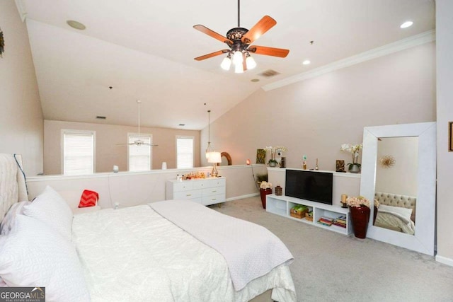 carpeted bedroom featuring crown molding, ceiling fan, and lofted ceiling