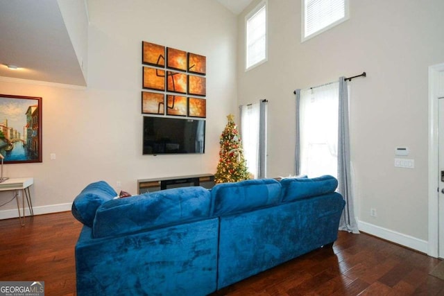 living room with a towering ceiling, dark wood-type flooring, and ornamental molding