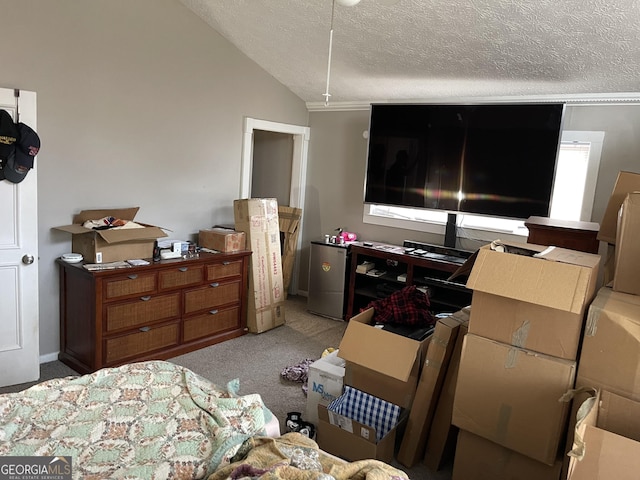 carpeted bedroom with lofted ceiling and a textured ceiling