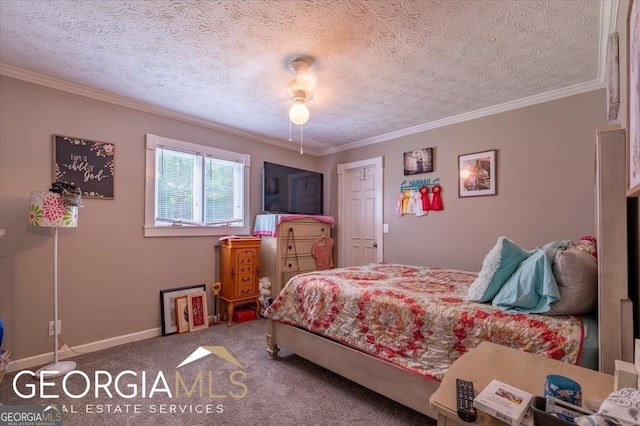 1088 New Rosedale Rd NE, Armuchee, GA 30105 - carpeted bedroom with crown molding, a textured ceiling, baseboards, and a ceiling fan