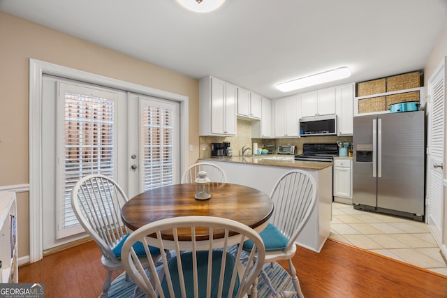 kitchen with decorative backsplash, white cabinetry, kitchen peninsula, and appliances with stainless steel finishes