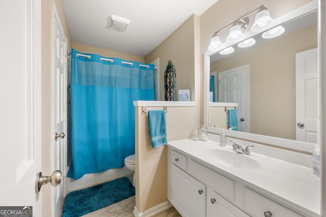 full bathroom with shower / bathtub combination with curtain, vanity, and toilet