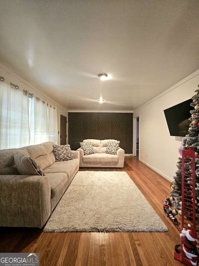 living room featuring hardwood / wood-style floors and ornamental molding