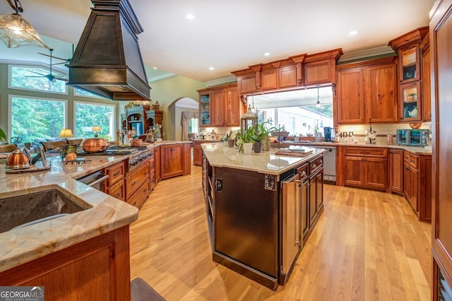 kitchen with light hardwood / wood-style floors, a kitchen island, a healthy amount of sunlight, and custom exhaust hood