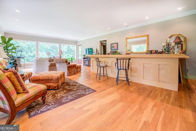 living room with crown molding, light hardwood / wood-style flooring, and a healthy amount of sunlight