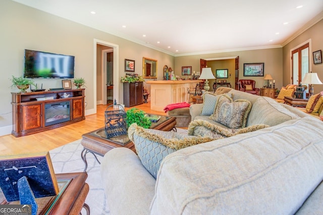 living room with light wood-type flooring and crown molding