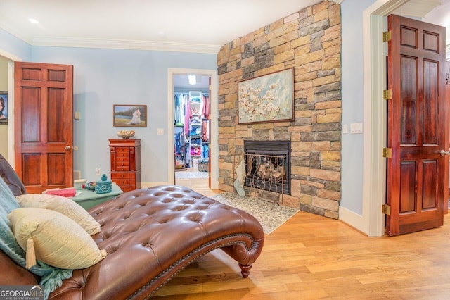 interior space with a fireplace, light hardwood / wood-style floors, a spacious closet, and ornamental molding