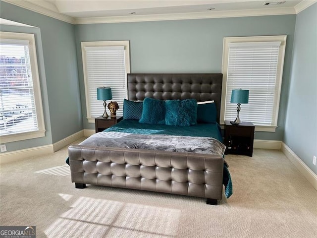 bedroom with carpet and ornamental molding