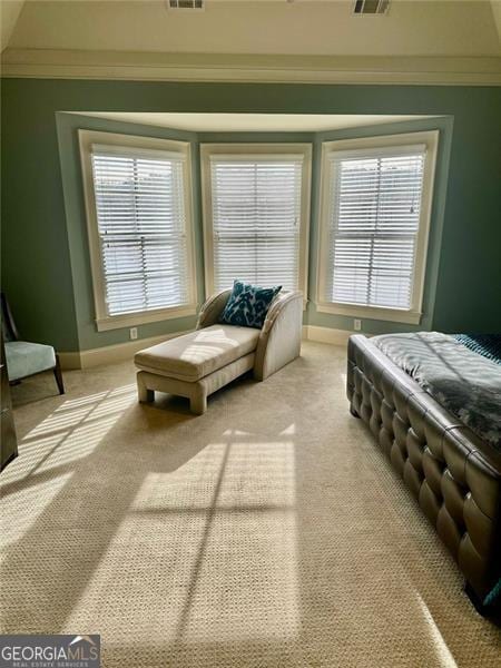 bedroom with carpet floors, multiple windows, and crown molding