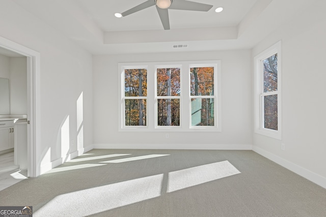 carpeted spare room featuring ceiling fan and a tray ceiling