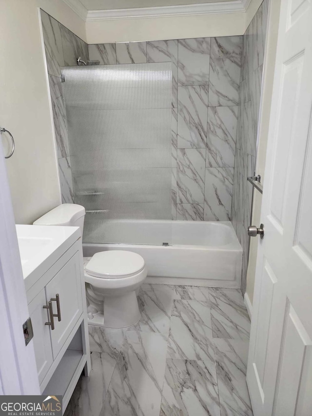 full bathroom with toilet, vanity, tiled shower / bath combo, and ornamental molding