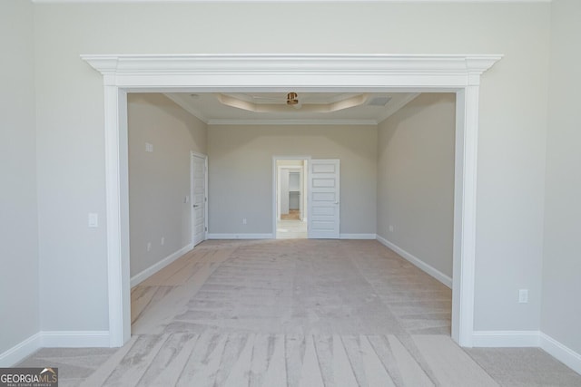 interior space with ornamental molding and a tray ceiling