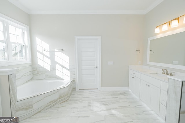 bathroom with vanity, crown molding, and tiled tub