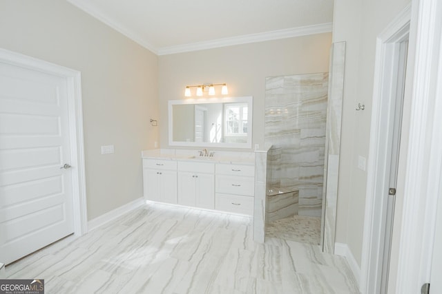 bathroom featuring vanity, a tile shower, and crown molding