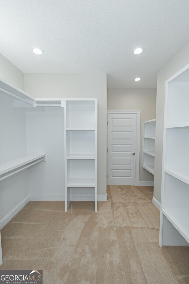 spacious closet with light colored carpet