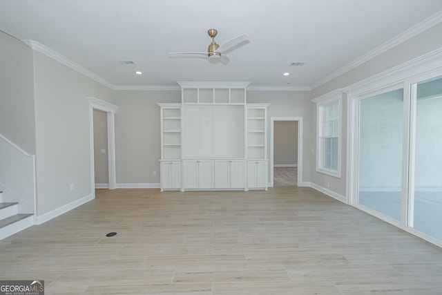 unfurnished living room featuring ceiling fan and ornamental molding