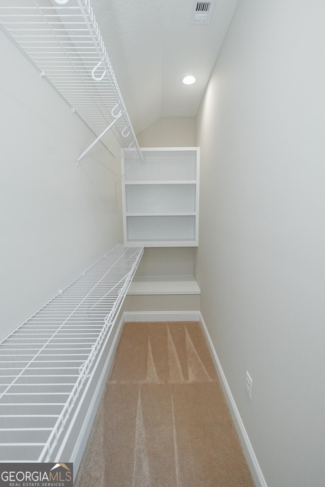 walk in closet featuring carpet and lofted ceiling