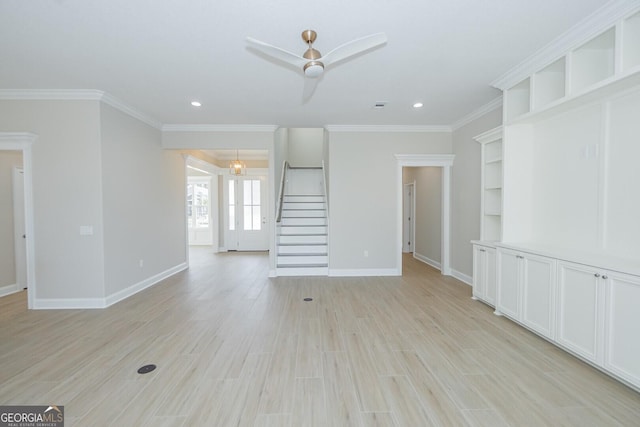 unfurnished living room with ceiling fan, light hardwood / wood-style floors, and ornamental molding