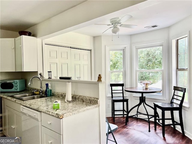 kitchen featuring sink, light stone counters, white dishwasher, wood-type flooring, and white cabinets