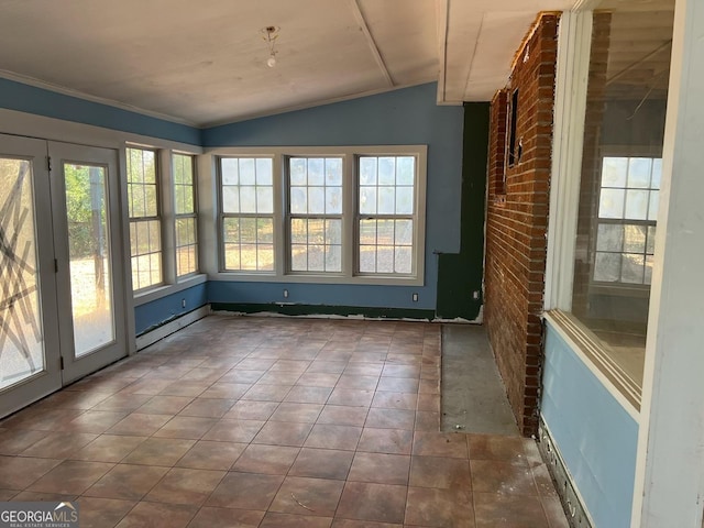 unfurnished sunroom with a baseboard heating unit and vaulted ceiling