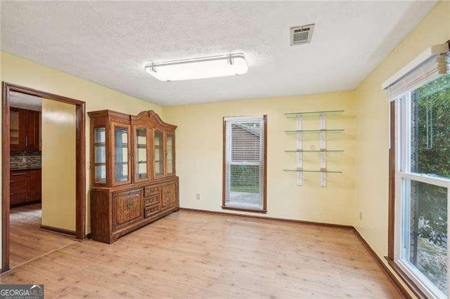 spare room with light wood-type flooring and a textured ceiling