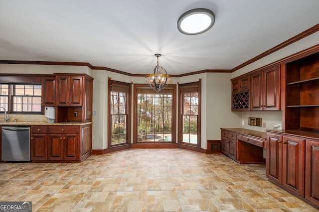 kitchen with a chandelier, dishwasher, hanging light fixtures, and ornamental molding