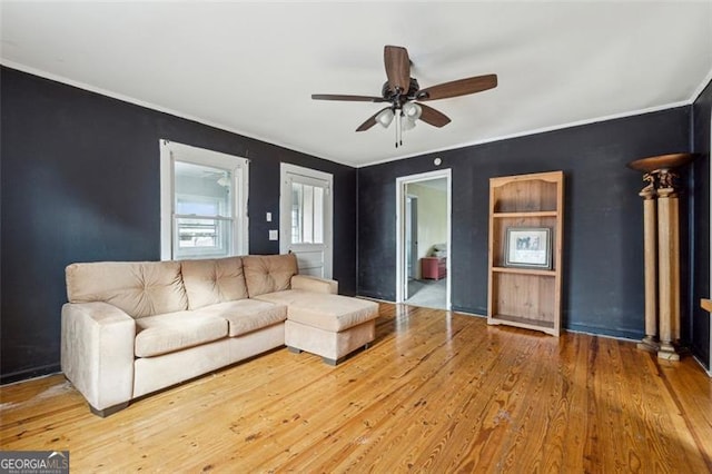 living room with ceiling fan and wood-type flooring