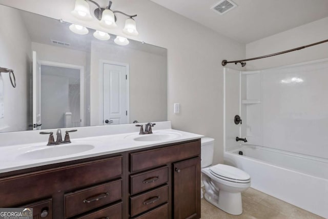 full bathroom featuring tile patterned floors, vanity,  shower combination, and toilet