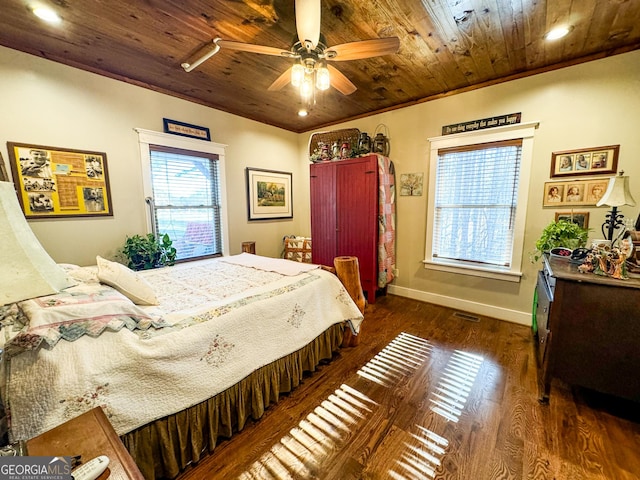 bedroom with dark hardwood / wood-style floors, ceiling fan, and wooden ceiling