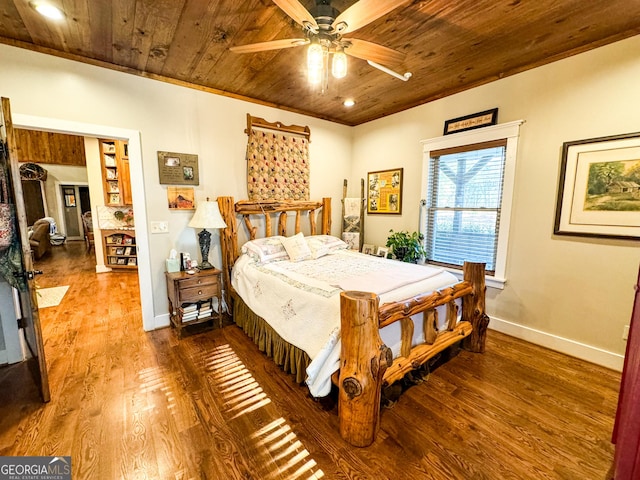 bedroom featuring hardwood / wood-style floors, ceiling fan, and wooden ceiling