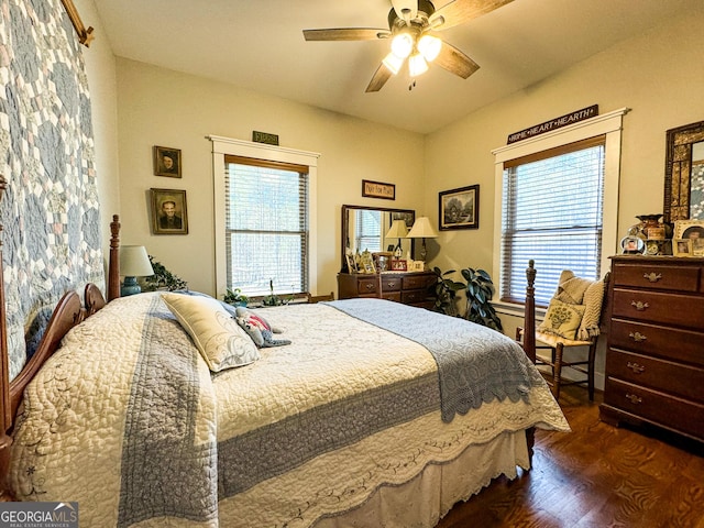 bedroom with dark hardwood / wood-style floors, multiple windows, and ceiling fan