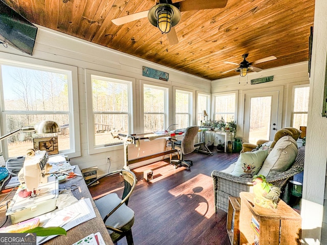 sunroom / solarium with ceiling fan and wood ceiling