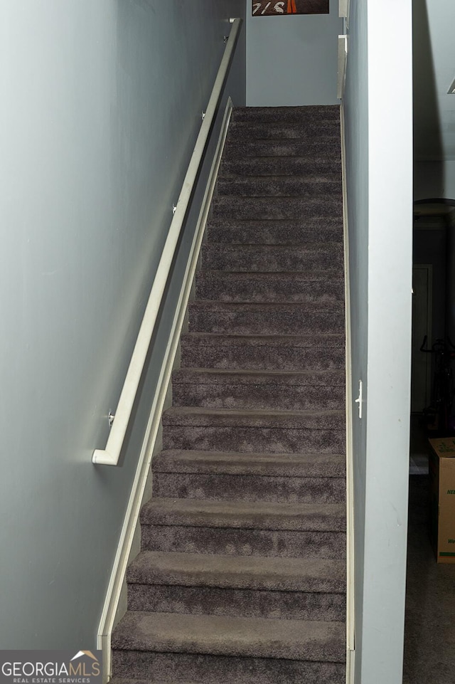 stairs featuring carpet flooring