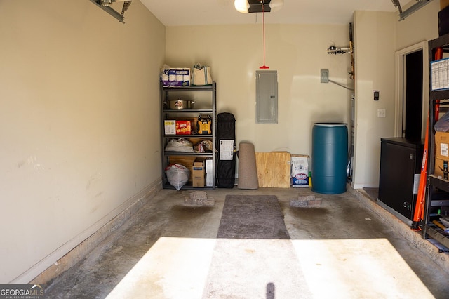 garage with electric panel and a garage door opener