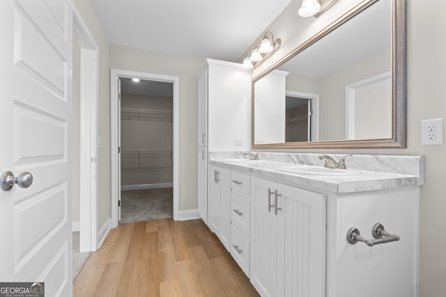 bathroom with wood-type flooring and vanity