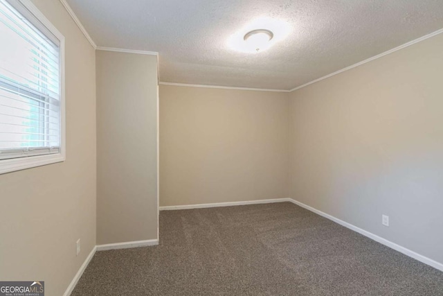 carpeted spare room with crown molding and a textured ceiling