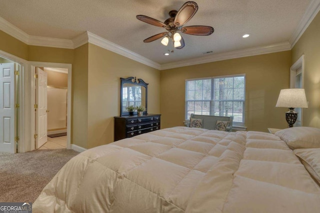 bedroom with ceiling fan, light colored carpet, ornamental molding, and a textured ceiling