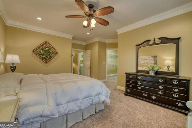 carpeted bedroom featuring ceiling fan and ornamental molding