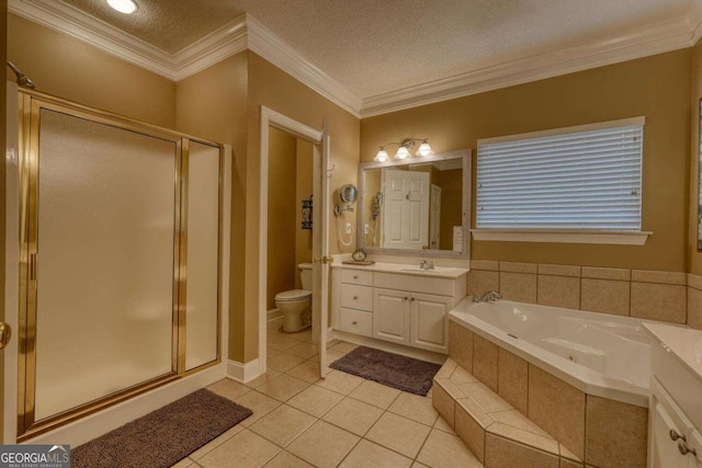 full bathroom with tile patterned flooring, vanity, a textured ceiling, and ornamental molding