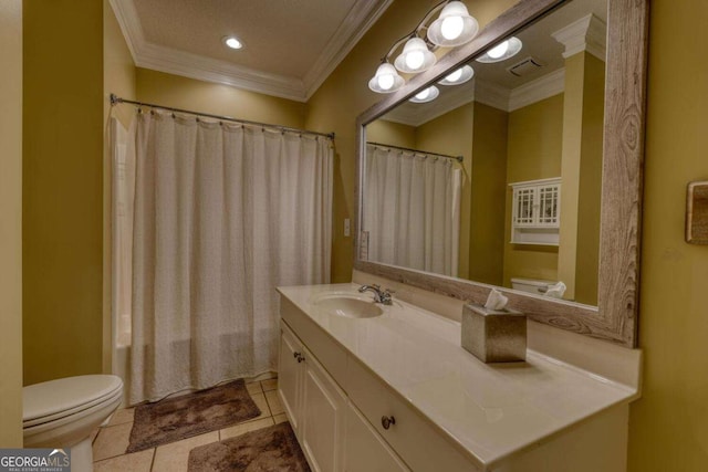 full bathroom featuring ornamental molding, vanity, shower / tub combo with curtain, tile patterned flooring, and toilet