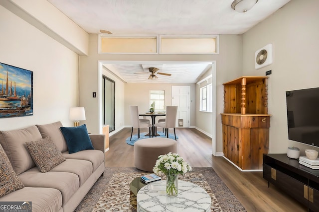 living room featuring ceiling fan and dark hardwood / wood-style floors