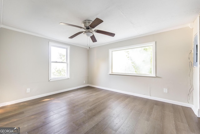 spare room featuring ceiling fan, wood-type flooring, and crown molding