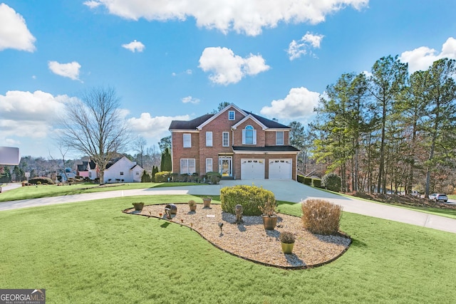 view of front of home with a garage and a front lawn